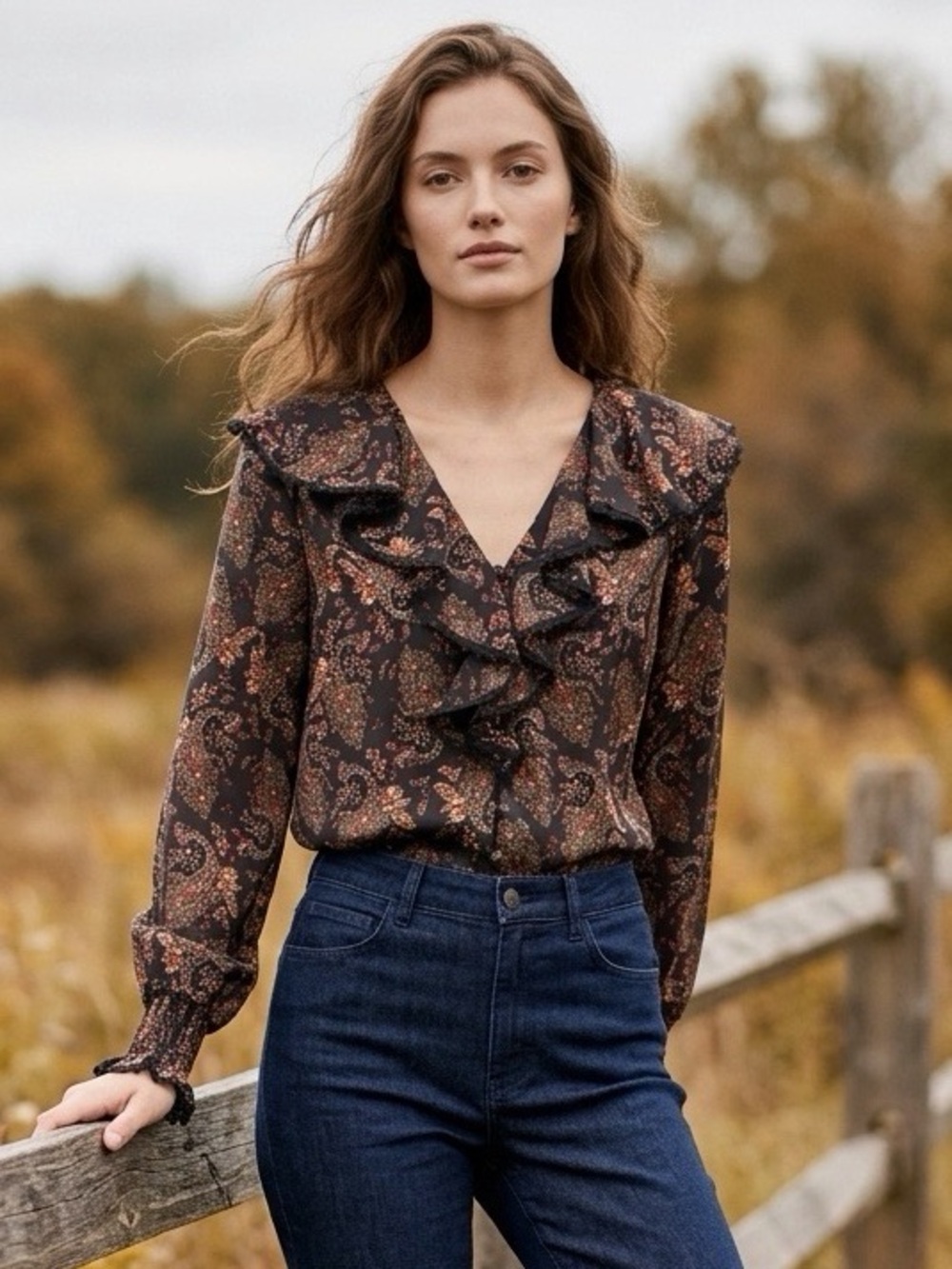 AQUA Paisley Ruffled Boho Blouse Black Multi XS Bloomingdale’s